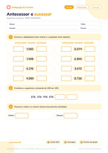 Prévia: Antecessor e sucessor – Matemática 3º ano, ficha 2