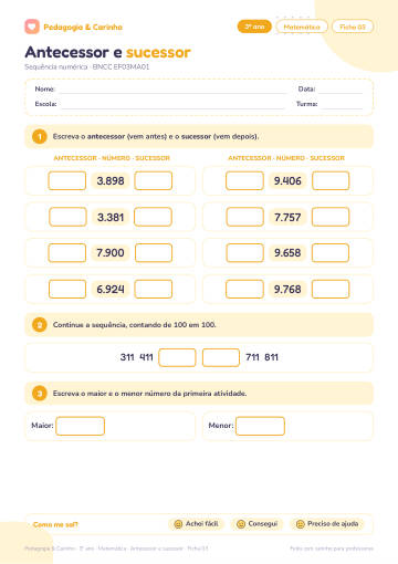 Prévia: Antecessor e sucessor – Matemática 3º ano, ficha 3