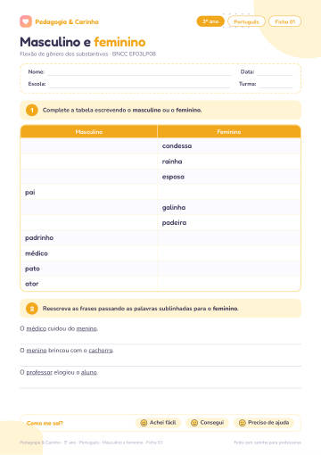Prévia: Masculino e feminino – Português 3º ano, ficha 1