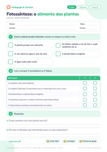 Prévia: Fotossíntese: o alimento das plantas – Ciências 4º ano, ficha 1