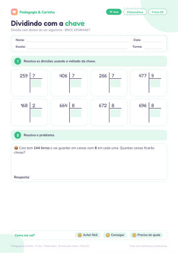 Prévia: Divisão pela chave – Matemática 4º ano, ficha 2
