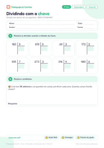 Prévia: Divisão pela chave – Matemática 4º ano, ficha 3