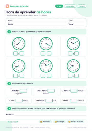 Prévia: Horas e medidas de tempo – Matemática 4º ano, ficha 1