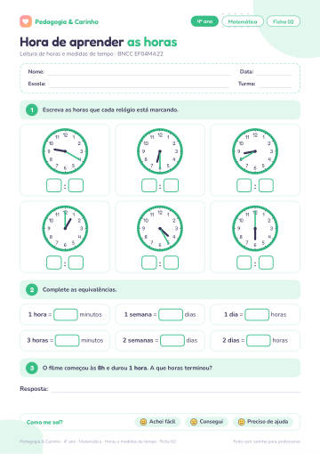 Prévia: Horas e medidas de tempo – Matemática 4º ano, ficha 2