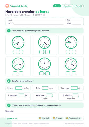 Prévia: Horas e medidas de tempo – Matemática 4º ano, ficha 3