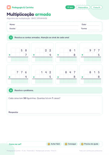 Prévia: Multiplicação armada – Matemática 4º ano, ficha 1