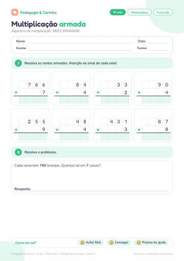 Prévia: Multiplicação armada – Matemática 4º ano, ficha 2