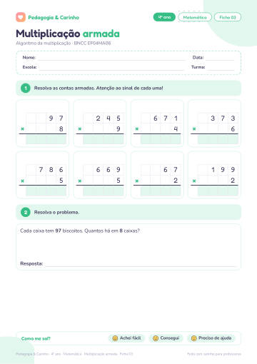 Prévia: Multiplicação armada – Matemática 4º ano, ficha 3