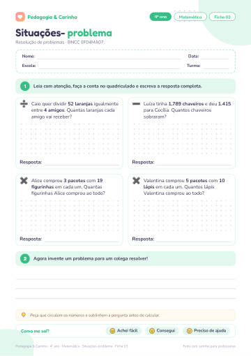 Prévia: Situações-problema – Matemática 4º ano, ficha 3