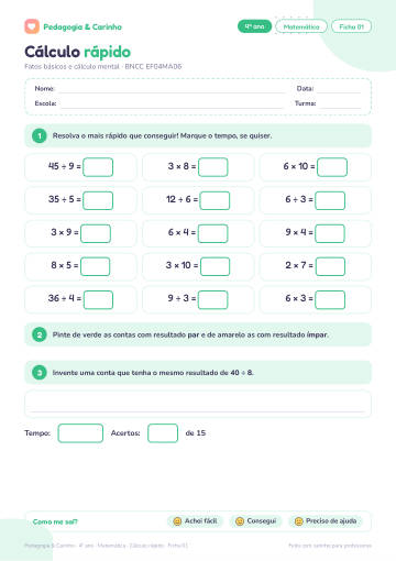 Prévia: Cálculo rápido – Matemática 4º ano, ficha 1