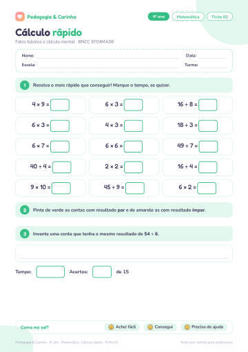 Prévia: Cálculo rápido – Matemática 4º ano, ficha 3