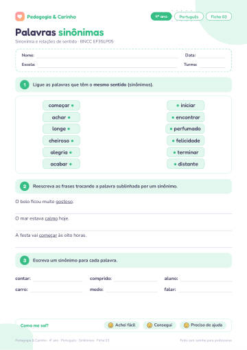 Prévia: Sinônimos – Português 4º ano, ficha 3