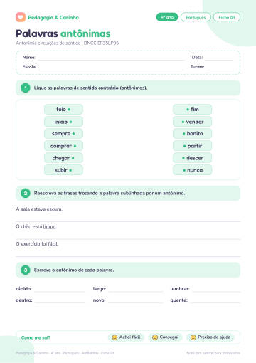 Prévia: Antônimos – Português 4º ano, ficha 3