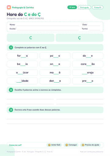 Prévia: Ortografia C e Ç – Português 4º ano, ficha 1