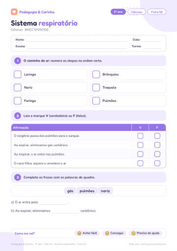 Prévia: Sistema respiratório – Ciências 5º ano, ficha 2