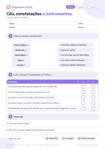 Prévia: Céu, constelações e instrumentos – Ciências 5º ano, ficha 1