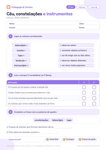 Prévia: Céu, constelações e instrumentos – Ciências 5º ano, ficha 2