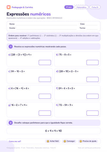 Prévia: Expressões numéricas – Matemática 5º ano, ficha 1