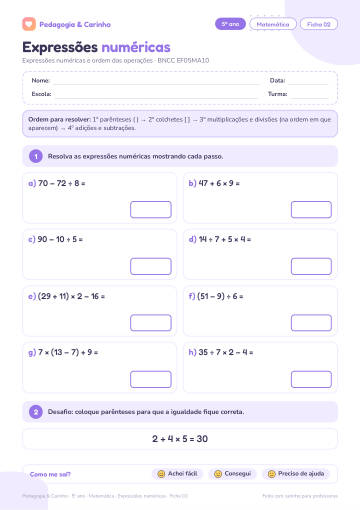 Prévia: Expressões numéricas – Matemática 5º ano, ficha 2