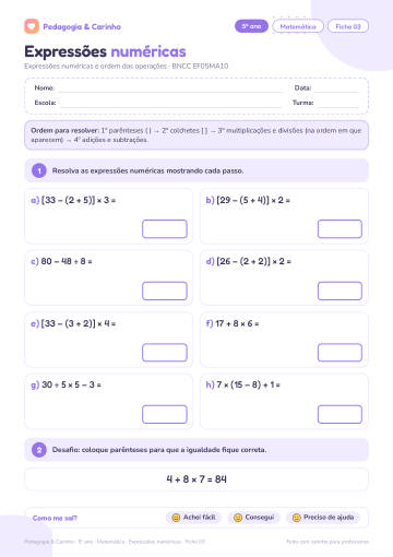 Prévia: Expressões numéricas – Matemática 5º ano, ficha 3
