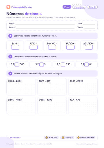 Prévia: Números decimais – Matemática 5º ano, ficha 1