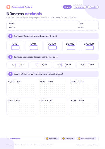 Prévia: Números decimais – Matemática 5º ano, ficha 2