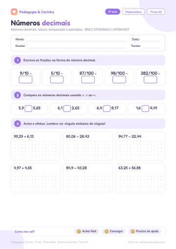 Prévia: Números decimais – Matemática 5º ano, ficha 3