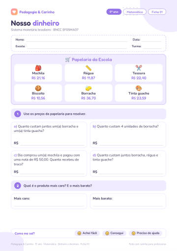 Prévia: Dinheiro e decimais – Matemática 5º ano, ficha 1