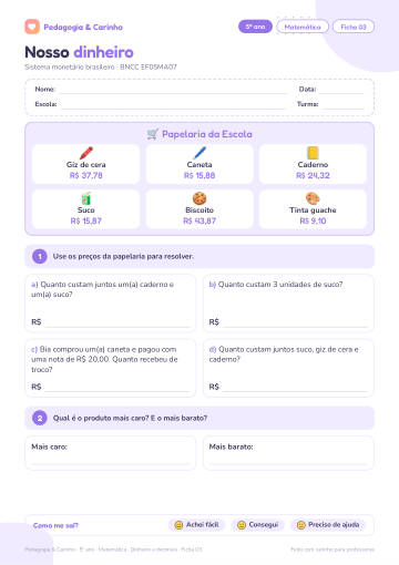 Prévia: Dinheiro e decimais – Matemática 5º ano, ficha 3