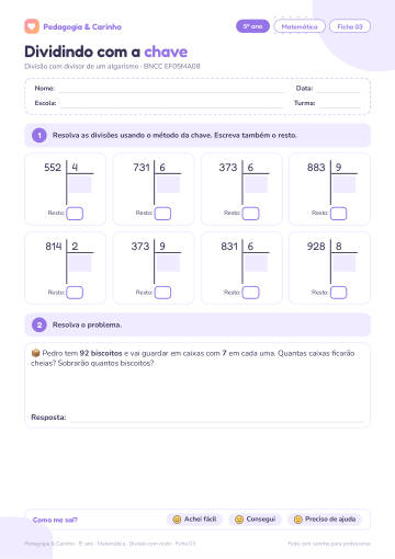 Prévia: Divisão com resto – Matemática 5º ano, ficha 3