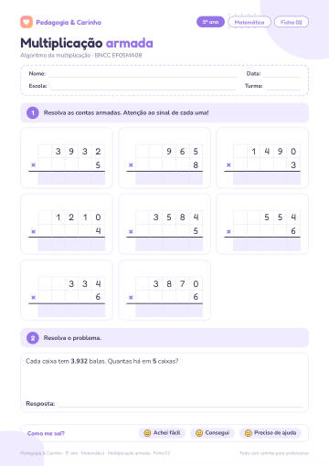 Prévia: Multiplicação armada – Matemática 5º ano, ficha 2