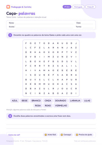 Prévia: Caça-palavras – Português 5º ano, ficha 1