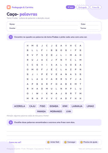 Prévia: Caça-palavras – Português 5º ano, ficha 2