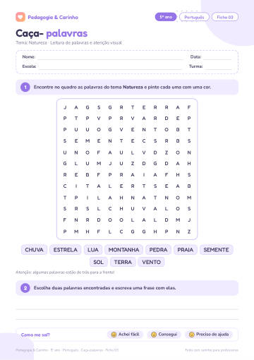 Prévia: Caça-palavras – Português 5º ano, ficha 3