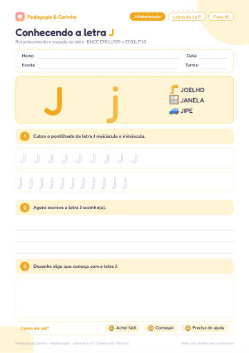 Prévia: Letras de J a P – Alfabetização, ficha 1