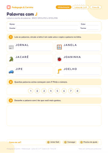 Prévia: Letras de J a P – Alfabetização, ficha 2