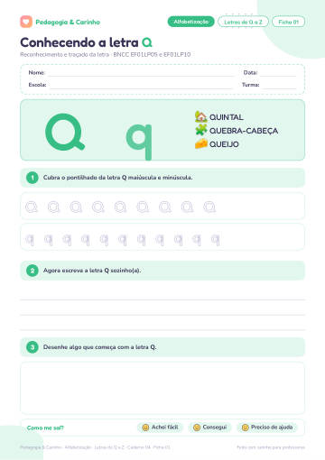 Prévia: Letras de Q a Z – Alfabetização, ficha 1