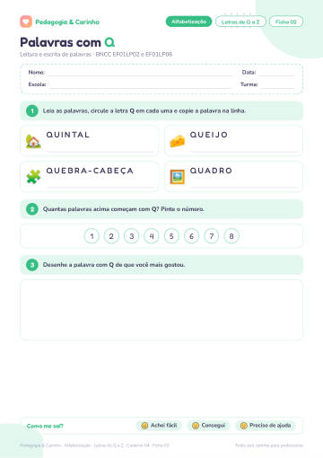 Prévia: Letras de Q a Z – Alfabetização, ficha 2
