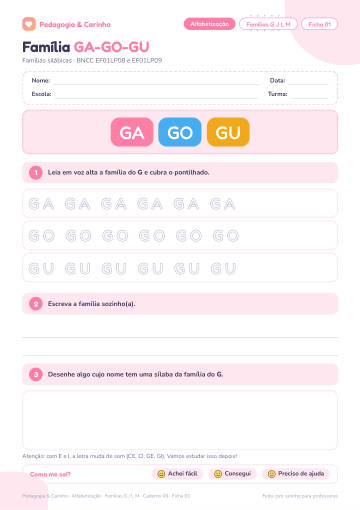 Prévia: Famílias G J L M – Alfabetização, ficha 1
