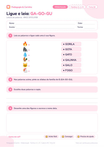 Prévia: Famílias G J L M – Alfabetização, ficha 2