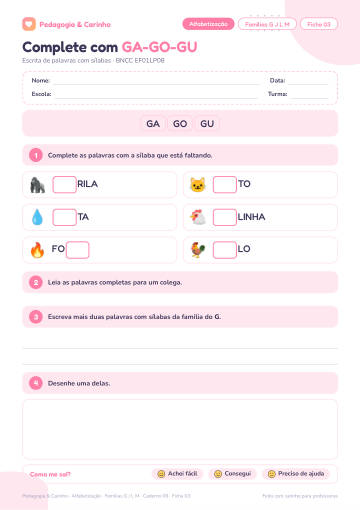 Prévia: Famílias G J L M – Alfabetização, ficha 3