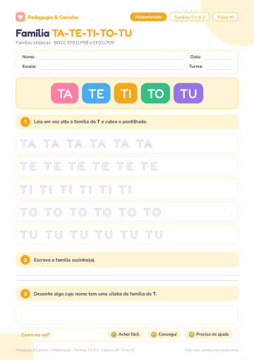 Prévia: Famílias T V X Z – Alfabetização, ficha 1