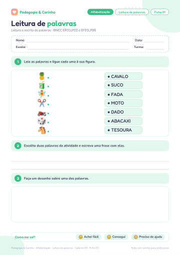 Prévia: Leitura de palavras – Alfabetização, ficha 1
