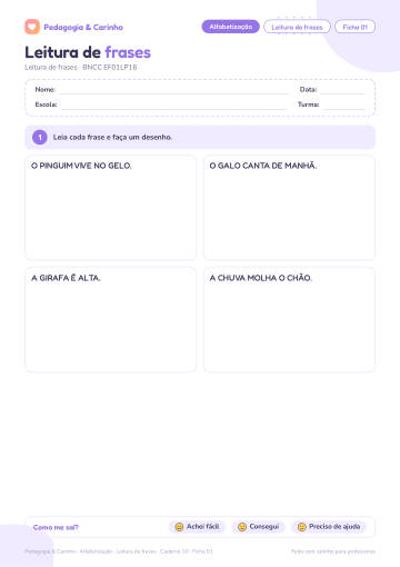 Prévia: Leitura de frases – Alfabetização, ficha 1