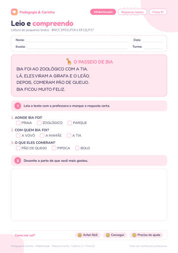 Prévia: Pequenos textos – Alfabetização, ficha 1