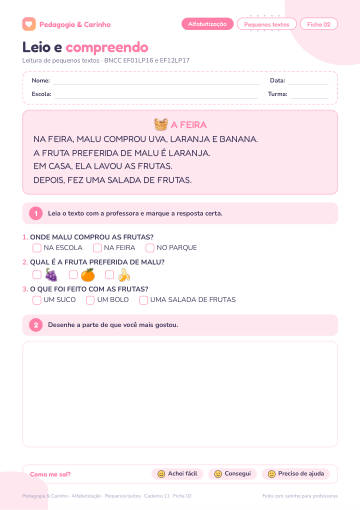 Prévia: Pequenos textos – Alfabetização, ficha 2
