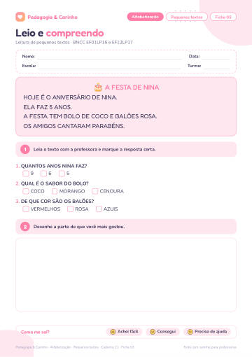 Prévia: Pequenos textos – Alfabetização, ficha 3